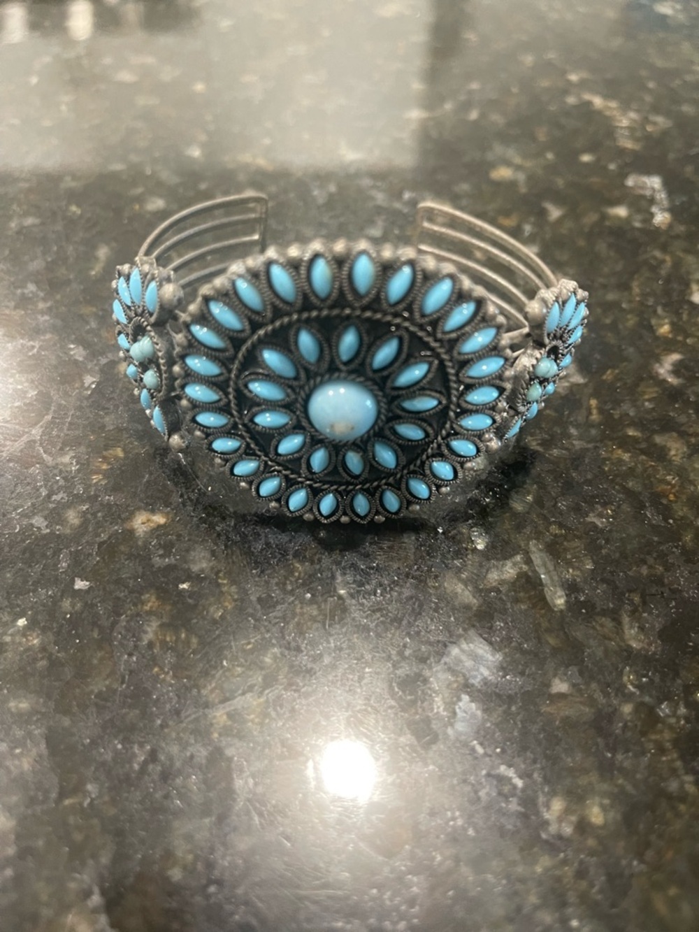 Turquoise Stone Floral Cluster Cuff Bracelet